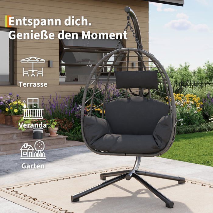 Fauteuil suspendu en rotin - LUNSY - 105x105x196 cm - Gris - Charge maximale 150 kg - Pieds antidérapants