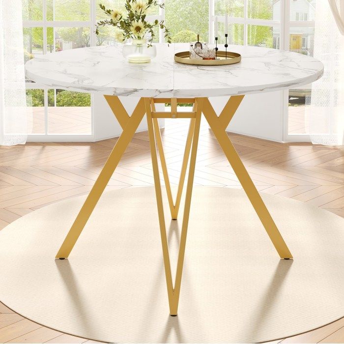 Table à manger ronde pour 4 personnes. plateau en marbre. pieds en métal. cuisine/salon. 100×100×76 cm. MDF. blanc et or