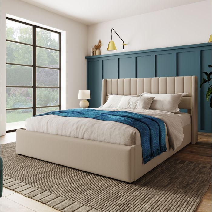Lit coffre double beige 140×200 cm sommier inclus tête de lit rembourrée structure solide montage nécessaire