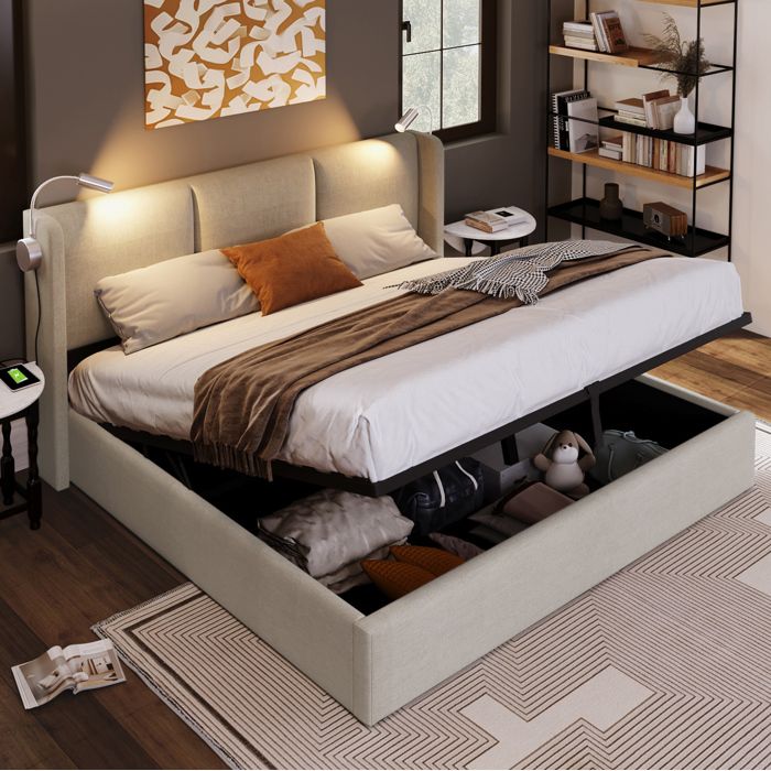 Lit coffre 160 × 200 cm en lin beige avec liseuse USB et sommier