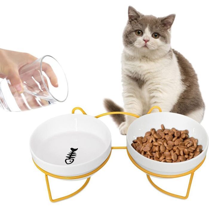Gamelle double en céramique pour chat - PZCC - Lot de 2 - Surélevée - Inclinaison 15° - Compatible micro-ondes