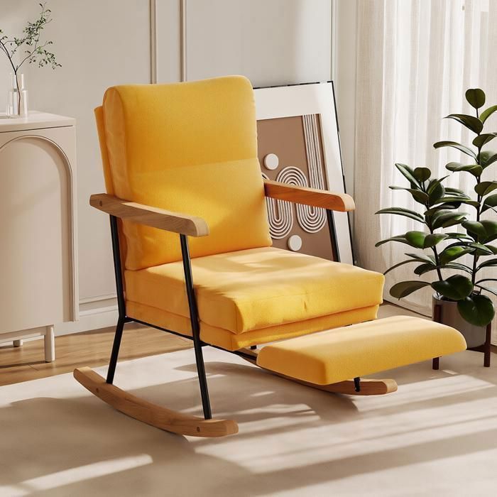 Fauteuil à Bascule Tissu Effet Lin Marron Design Confortable avec Repose-pieds Salon