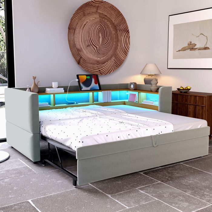 Canapé-lit - KOMHTOM - Convertible 90/180x190 cm - Tissu gris clair - Couchage 180x190 cm - LED & prises Canapé-lit - KOMHTOM - Convertible 90/180x190 cm - Tissu gris clair - Couchage 180x190 cm - LED & prises