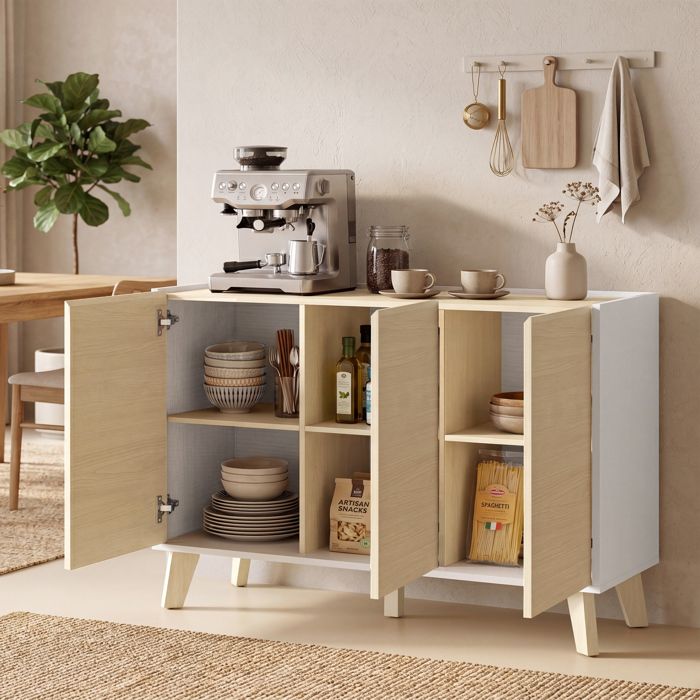 Buffet cuisine meuble de rangement nordique 3 portes à fermeture douce 6 compartiments bois naturel et blanc