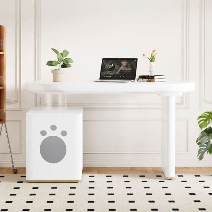 Bureau dordinateur blanc 2-en-1 avec rangement et nichoir plateau courbe élégant finition brillante dimensions 117 x 50 x 76 c