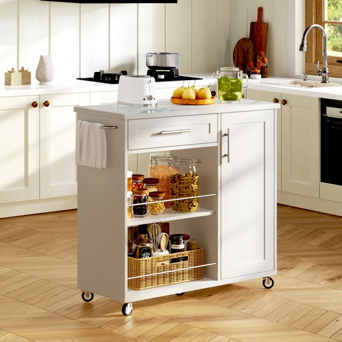 Chariot de cuisine blanc 96x40x89.5 cm Blanc MDF îlot cuisine rangement cuisine ce desserte de cuisine séduit par son