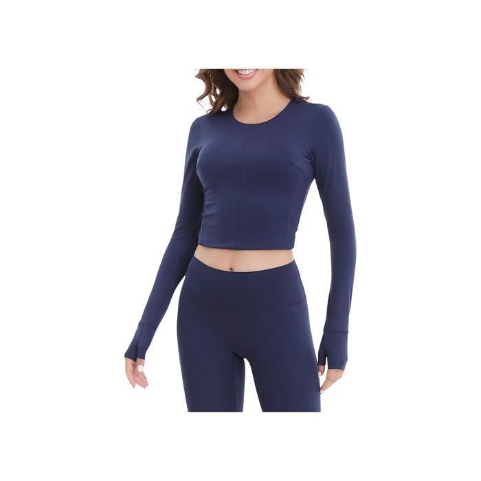 T-shirt de sport femme manches longues slim fit bleu marine L respirant coussinets amovibles passants pouces pour yoga fitness