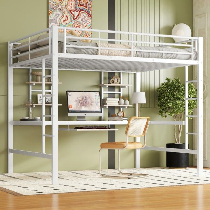 Lit Mezzanine Blanc 140x200 - Métal Bureau 2 Étagères - Enfants Ados Adultes - Gain de Place - Design Moderne (sans Matelas) Lit Mezzanine Blanc 140x200 - Métal Bureau 2 Étagères - Enfants Ados Adultes - Gain de Place - Design Moderne (sans Matelas)