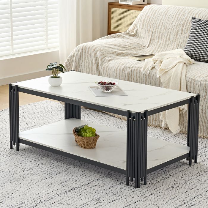 Table basse moderne - Plateau effet marbre - Pieds en métal - Dimensions 114x64x46 cm - Blanc et noir