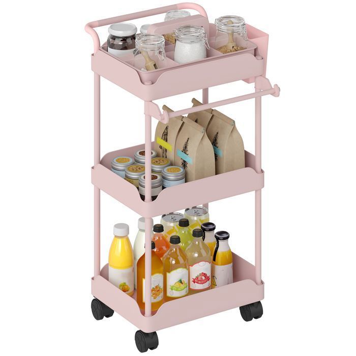 VVBV-Desserte de Cuisine à Roulettes avec 3 Niveaux Panier de Rangement Amovible et Porte-Serviettes Rose