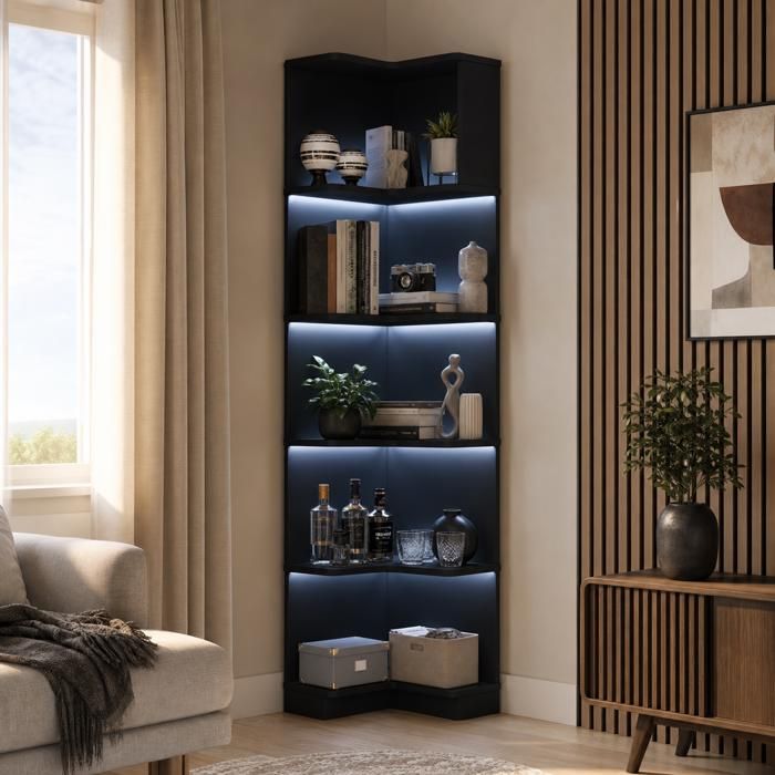 Bibliothèque dangle L 5 niveaux avec éclairage LED réglable et rangement Noir 63.5 x 45 x 175 cm
