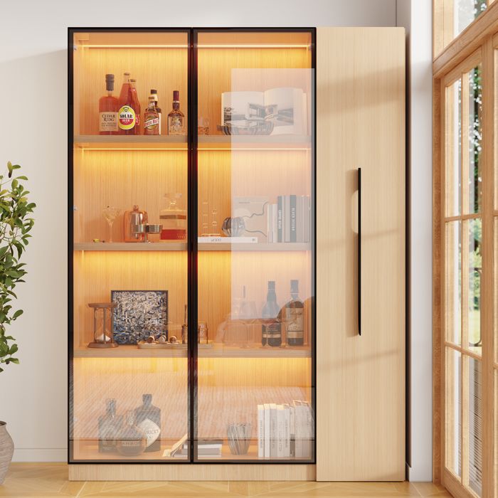 Bibliothèque vitrine LED 110 5x35x160 cm rangement latéral coulissant sur roulettes porte en verre MDF