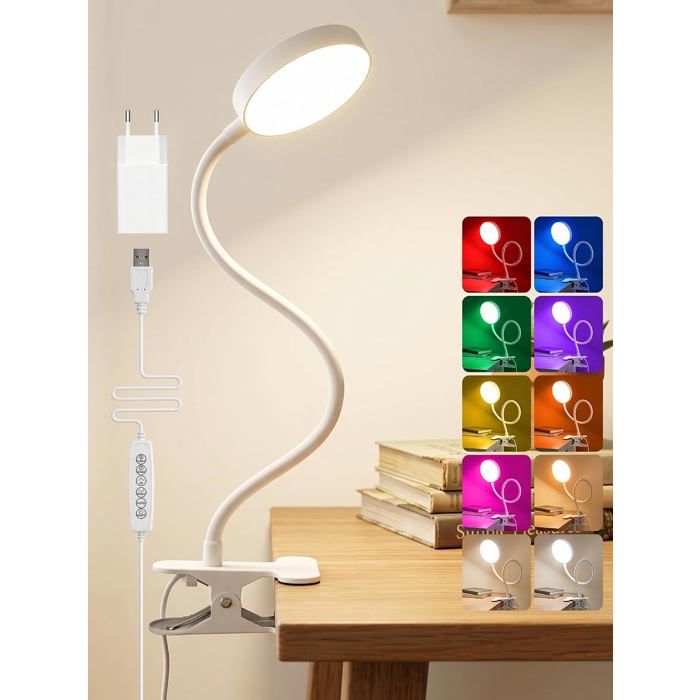 Lampe à pince 72 LED - 10 couleurs RGB 10 niveaux de luminosité 500 lm 5W USB protection des yeux pour bureau et chevet