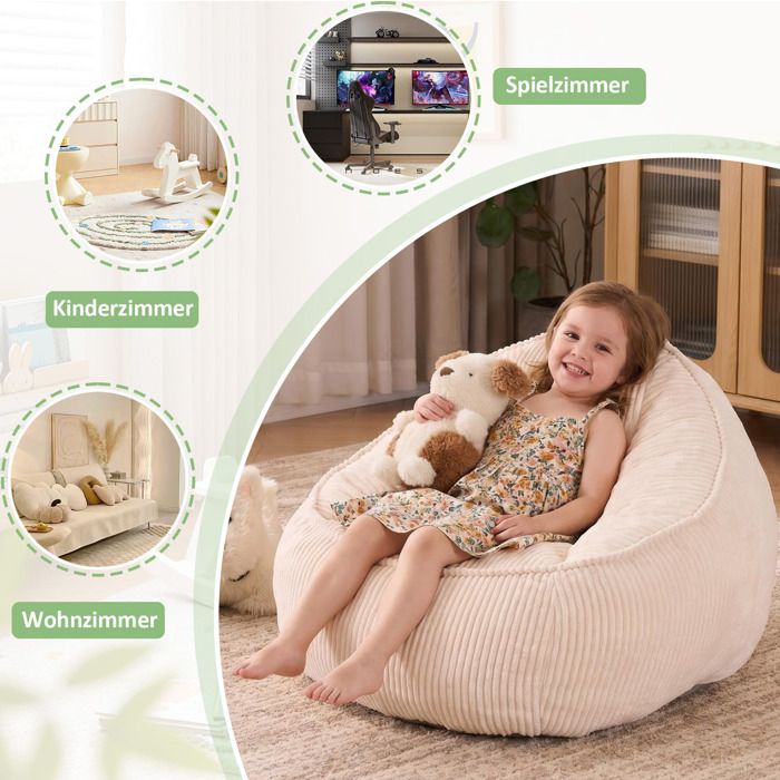 Fauteuil Pouf Enfant 1 Place Forme Ergonomique Courbée - YEAVIO - Velours Côtelé Mousse Beige 51 × 69 × 72 cm