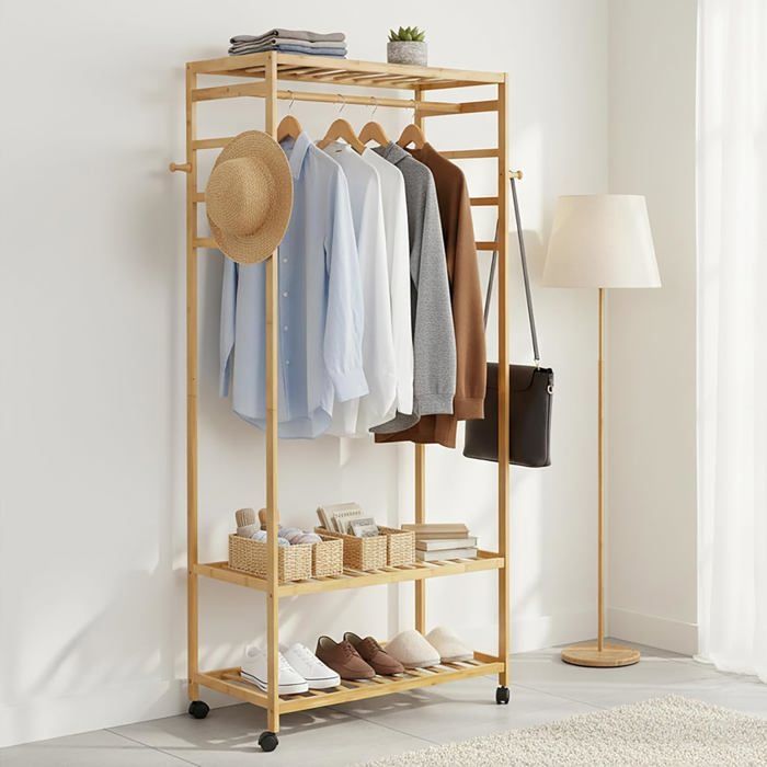 Porte-vêtements sur pied en bambou - 1 barre 4 patères et 2 étagères à chaussures  roulant 78 x 41 x 169 cm pour maison