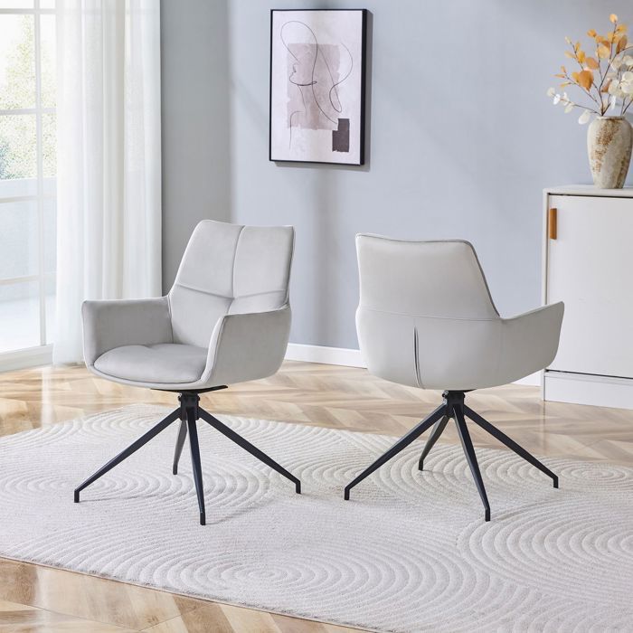 Lot de 2 chaises pivotantes - WESTYLE - Pivotantes 360° - Tissu gris clair - Pieds métal noir laqué - Accoudoirs rembourrés