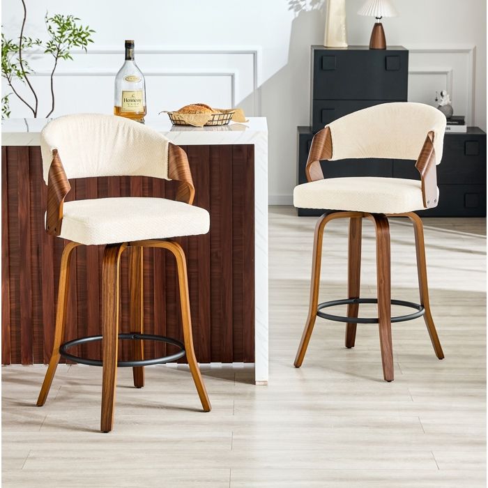 Lot de 2 tabourets de bar avec dossier structure en bois tissu blanc assise 66 cm et repose-pieds métallique