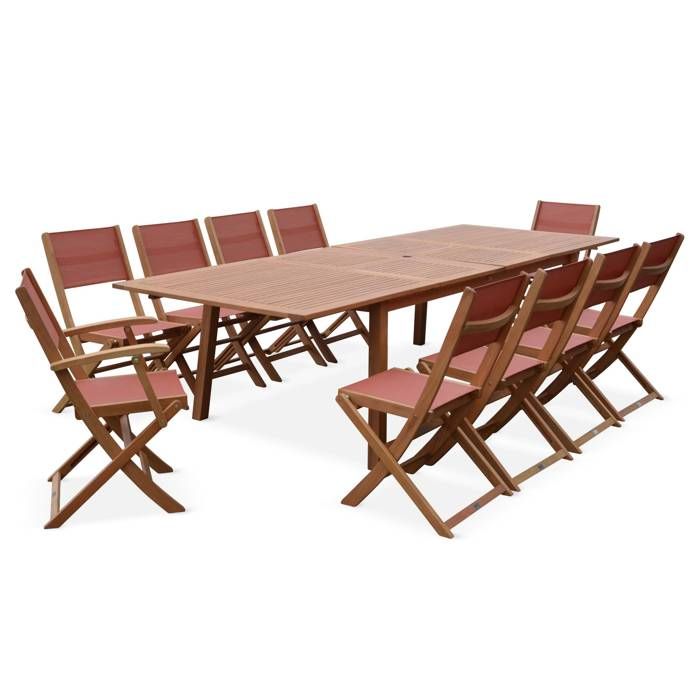 Salon de jardin bois Eucalyptus extensible - Almeria - Table 200/250/300cm avec 2 rallonges, 2 fauteuils et 8 chaises, Terracotta