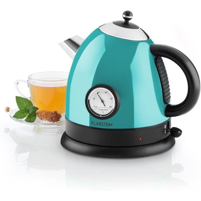 vert théière rétro KLARSTEIN Aquavita Chalet sans fil bouilloire affichage vintage de la température poignée cool touch socle avec rangement du câble 2200W 1,7 L