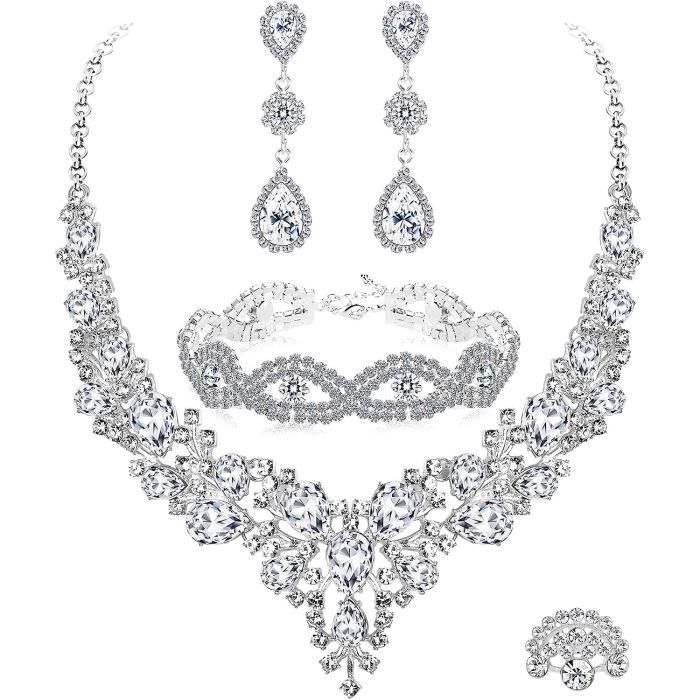 Ensemble Bijoux De Mariée Diamday - Collier, Bracelet, Boucles D'Oreilles Strass Argenté - Pour Mariage, Cérémonie