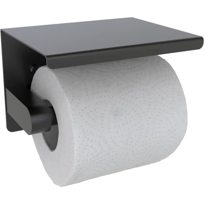 Porte-Rouleau Papier Toilette Sans Perçage Avec Étagère - Support Mural Acier Inox Noir Mat, Cuisine & Salle De Bain Moderne