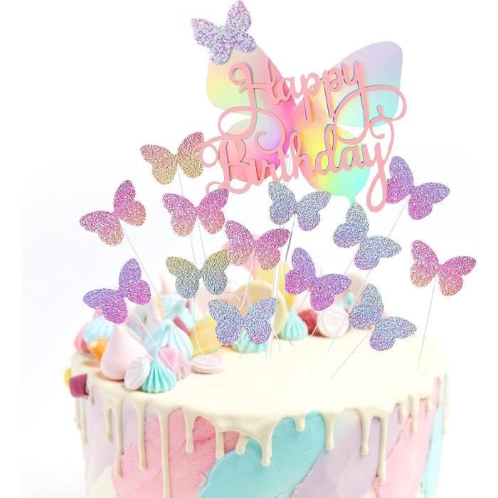 21 Pcs Apillon Décoration Gâteau Anniversaire Fille, Arc-En-Ciel Cake  Toppers Papillon Paillettes, Déco De Gâteau Pour Fête [u205] - Cdiscount  Maison