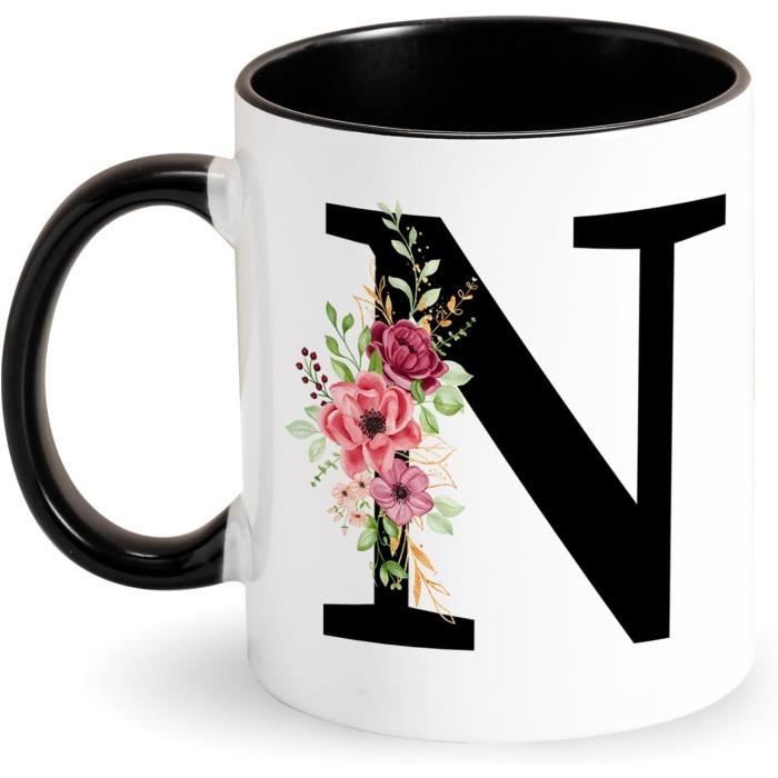 Tasse à café personnalisée avec lettre fleurs - Tasse en céramique avec alphabet - Noir - Cadeau initial pour femmes, amis, mère - Cadeau d' anniversaire (G