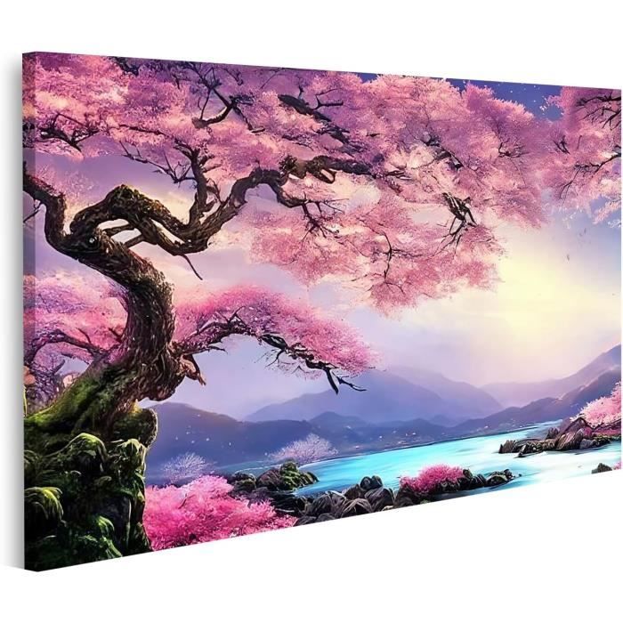 Peinture à l'huile japonaise rose noir et blanc paysage de cerisiers 30 x 20 cm : Panther Print