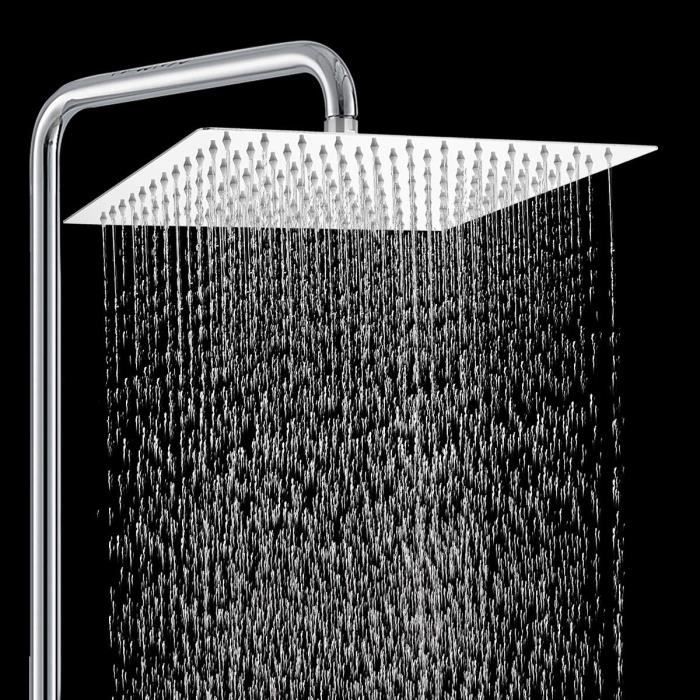 Tête De Douche Pluie Carrée 30x30 Cm Acier Inoxydable Noir – 144 Buses Silicone, Haute Pression, Économie D’Eau