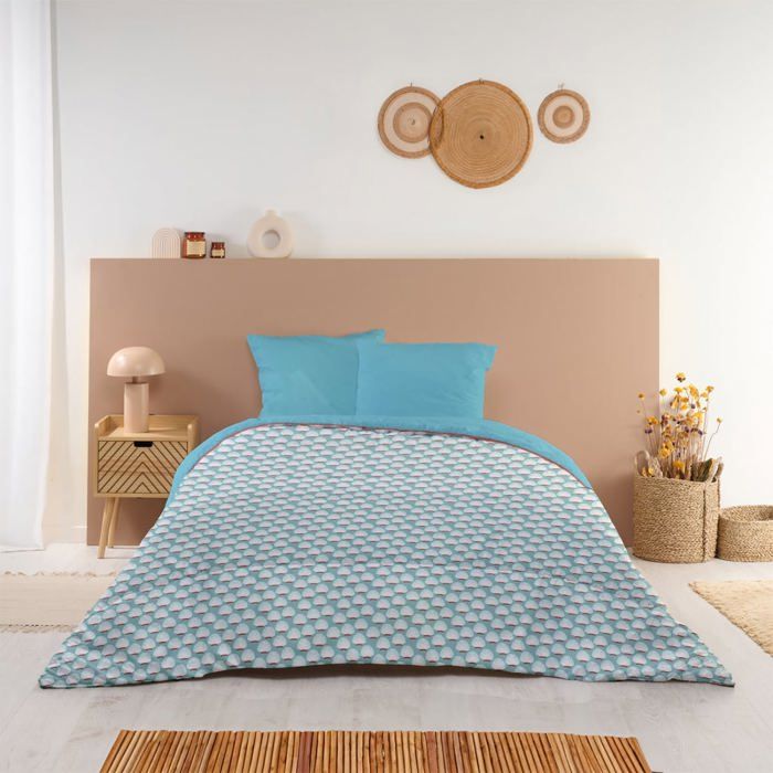 Couette imprimée chaude 220x240cm Douceur - Réversible - Microfibre douce - BLEU CALIN