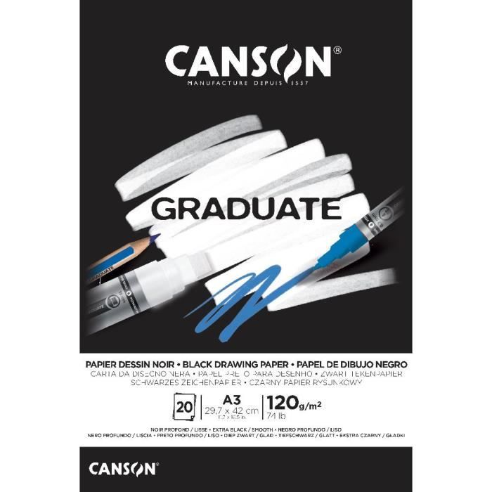 Bloc 'Graduate Papier dessin noir' 20 feuilles format A3 de Canson