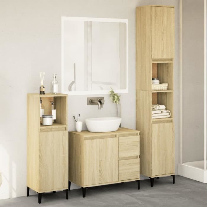 Ensemble de meubles de salle de bain - CUQUE - AF1014 - Chêne Sonoma - 3 pièces - Design Contemporain