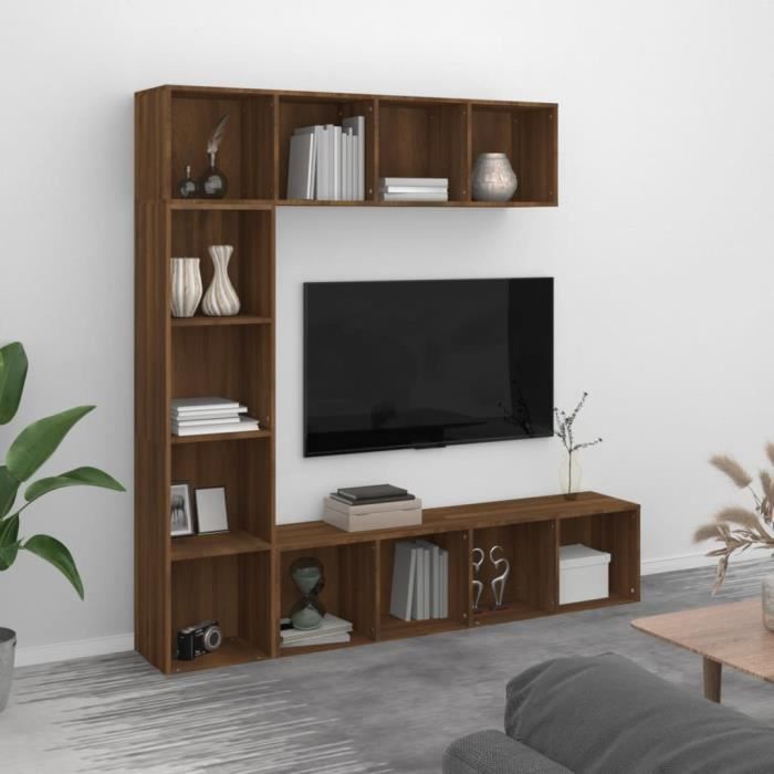 bibliothèque-meuble tv famirosa - chêne marron - 180x30x180cm - 12 compartiments de rangement
