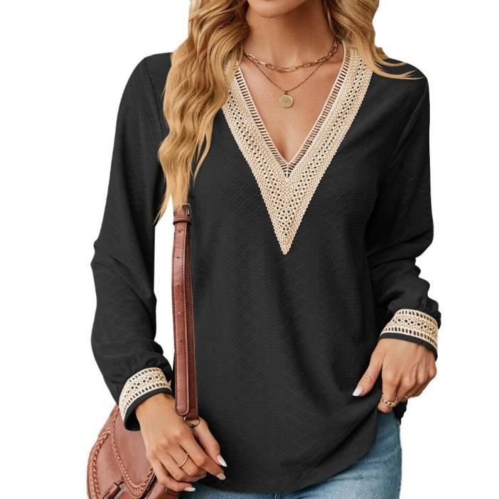 Chemisier Femme Chic et l gant Top Manches Longues en Dentelle et Col en V pour Femme Noir