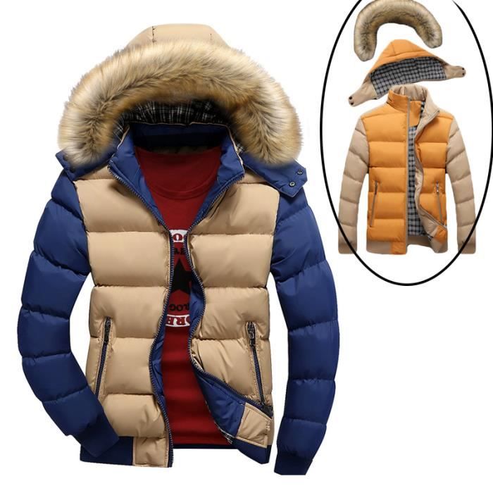 Doudoune Homme Slim Couleur block Doudoune grande taille Blouson Col de fourrure Hooded Doudoune legere Garder au chaud Hiver Kakibleu Cdiscount Pret a Porter