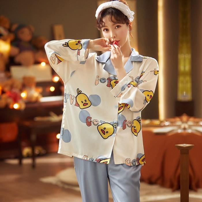 Pyjama en soie femme Pyjama blanc imprime canard coreen mignon Kawaii ensemble pyjama a boutons manches longues fines en Satin d Pajamas set Cdiscount Pret a Porter