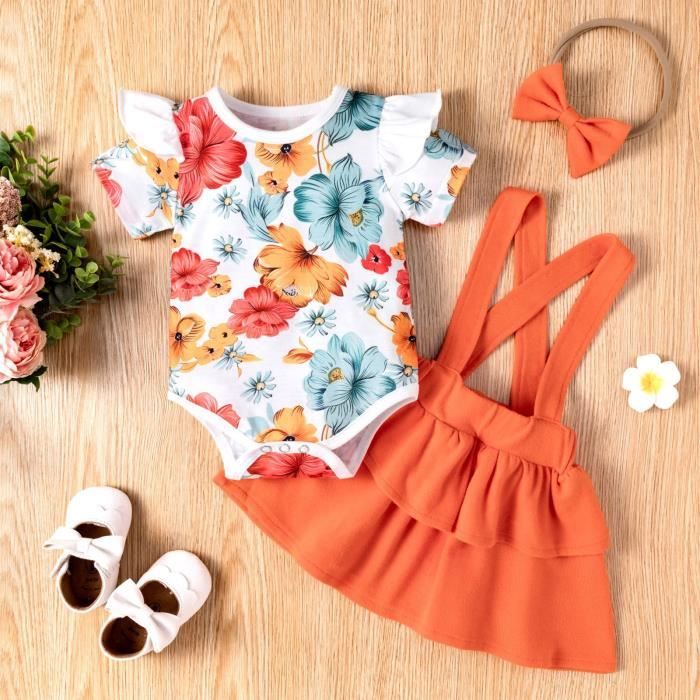 Un ensemble de vetements 3pcs bebe filles vetements pour bebes ensemble barboteuse florale combinaison t shirt robe tenues Orange Cdiscount Pret a Porter
