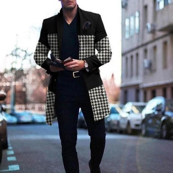 Manteau caban Manteau en laine imprime pied de poule pour homme coupe vent Long decontracte col rabattu veste a bou C274040899 Blanc Cdiscount Pret a Porter