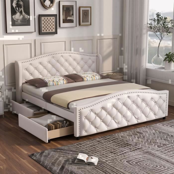 Lit Double 160x200 Cm Avec éclairage Et Ports USB - Cadre Velours Gris/naturel, Sommier Lattes, Rangement Et Tables De Chevet Intégrées
