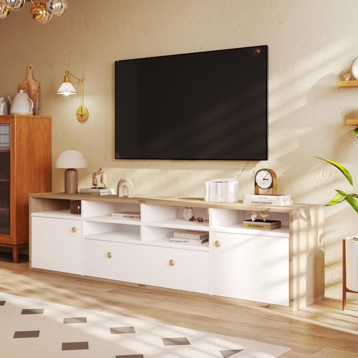Meuble TV NANAIMO - Noir Avec Poignées Dorées - 154 Cm Large, Rangement Moderne Avec Compartiments Fermés