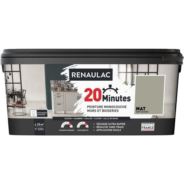 RENAULAC Peinture intérieur monocouche 20 Minutes murs et boiseries - 2,5L - 25 m² - Vert de gris Ma