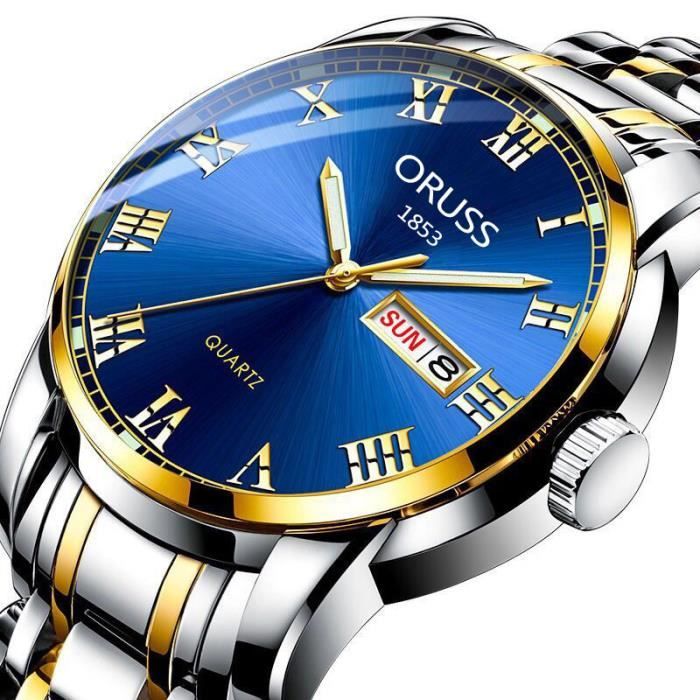 Montre Homme Montre Bracelet Homme Affaires Quartz Etanche Acier Inoxydable Bande Cadran Bleu