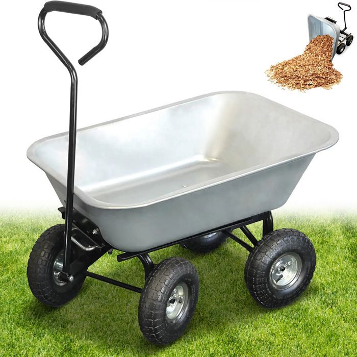 Brouette De Jardin 4 Roues 75 L FISHTEC Benne Basculante Métal Galvanisé Roues Gonflables Transport Jardinage