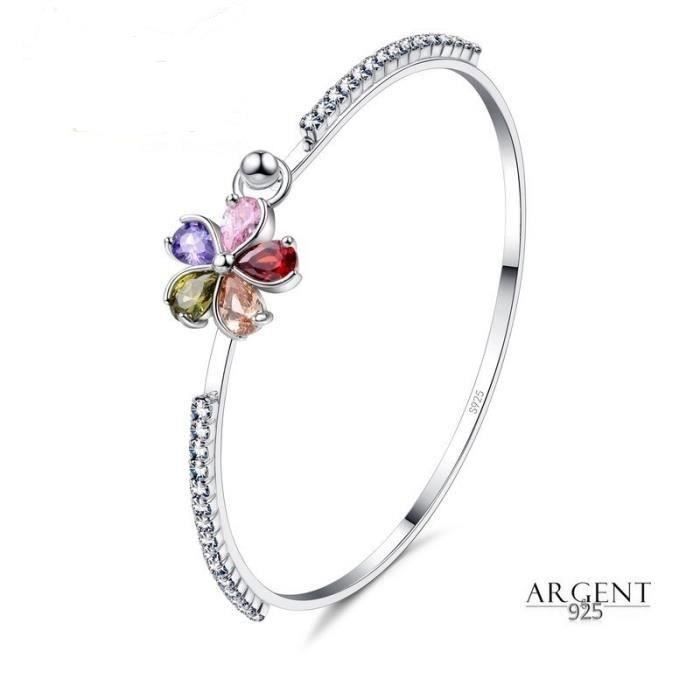 Bracelet - Femme - Jonc - Fleur - Cristal - Autrichien - Multicolore - Argent 925/1000 - 60 mm