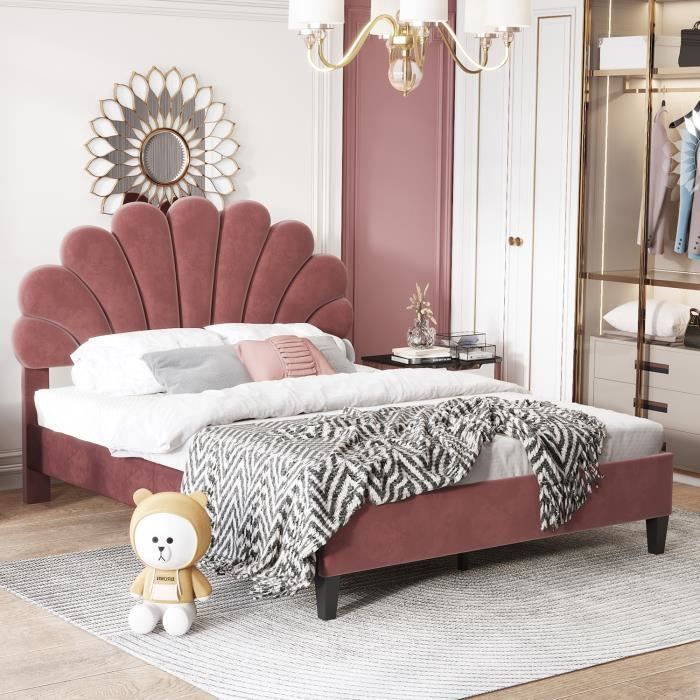 lit double 140 x 200 cm avec tête de lit fleurie lit adulte en velours doux lit d'invité en rouge haricot
