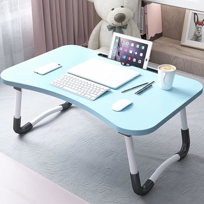 Table De Lit Réglable 60x40cm - Hauteur 27-40cm Et Angle Ajustable - Pliable Avec Support Tablette - Noyer