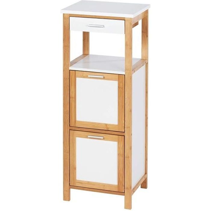 wenko meuble colonne étagère finja, colonne salle de bain avec 2 tiroirs de rangement, bois bambou - mdf, 34x89x30cm, marron - blanc