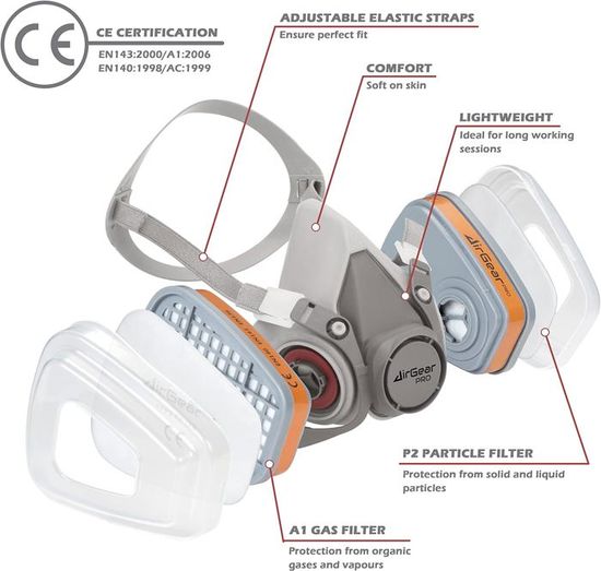 Masque De Protection Respiratoire Réutilisable Avec Lunettes Intégrées - Pour Peinture, Poussière, Produits Chimiques, 10 Filtres Inclus