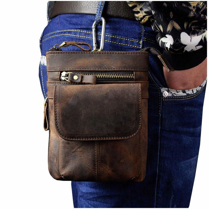 Le'aokuu Sac Ceinture En Cuir Véritable – 18x4x12 Cm, Pour Téléphone 6", Porté Taille Ou Jambe, Cyclisme Et Rando