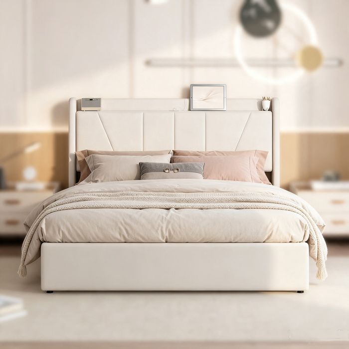 Lit Double Capitonné 160x200 Avec Tête De Lit LED Et Chargeur USB C Lit Hydraulique Beige Sans Matelas 93337210
